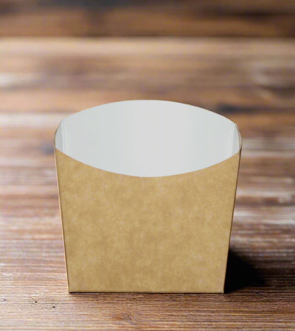 Kraft paper takeout container with white lid on a wooden surface. 80mm length x 80mm wide