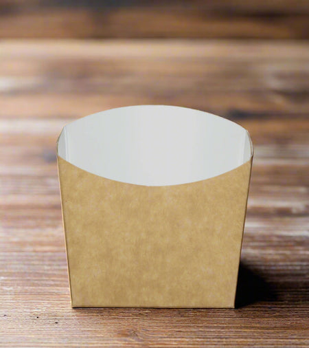 Kraft paper takeout container with white lid on a wooden surface. 80mm length x 80mm wide