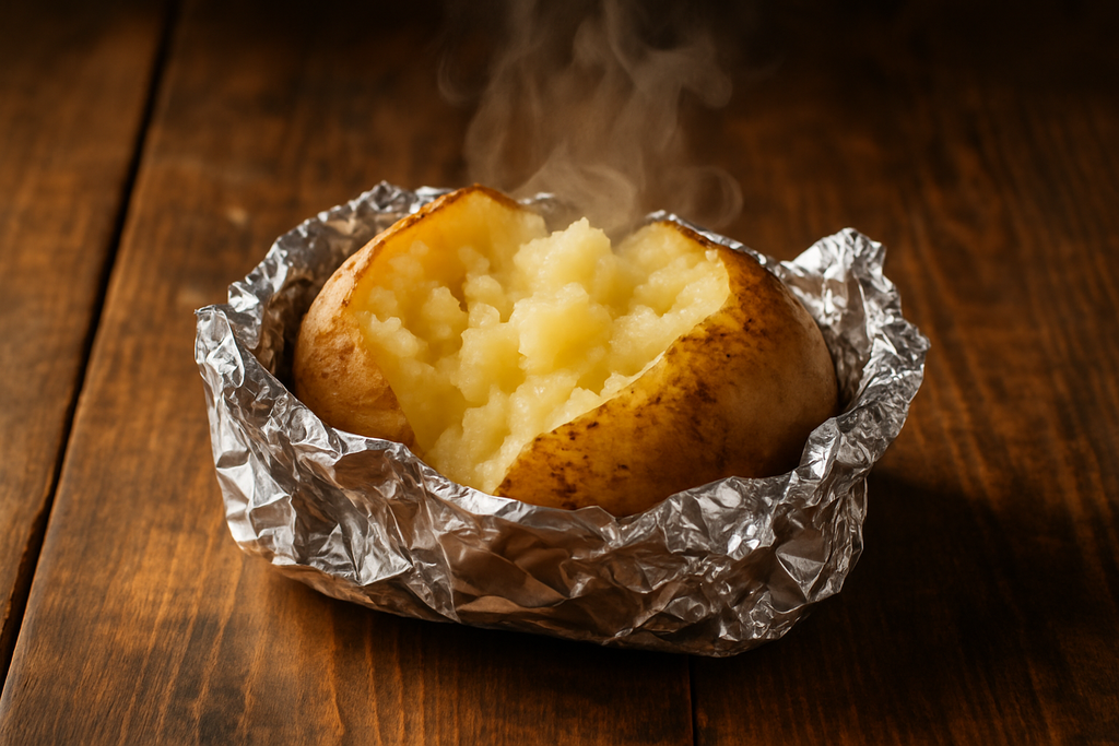 Foil with baked potato, on wooden table. Professional photo for website.