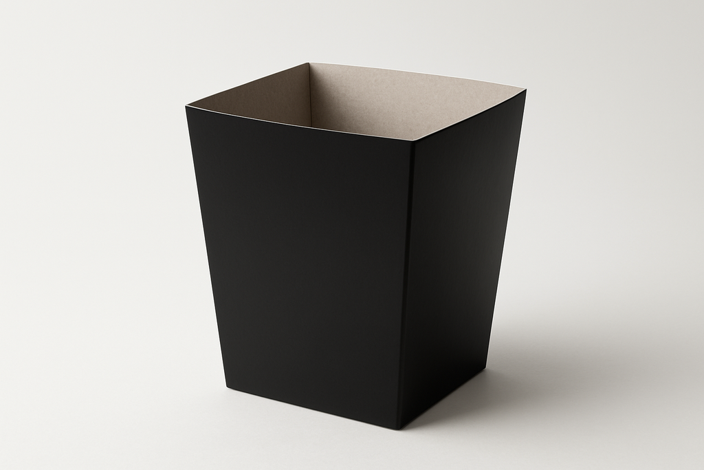 Solid black popcorn box with grey cardboard inside and black outside. No scallops on top. Smooth edges on top. Professional photo with light