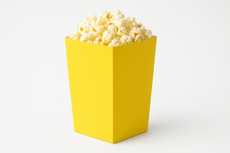 Yello solid popcorn box, grey inner in side box. No scallops on top of box. Smooth edges on top of box.  Professional photo with light