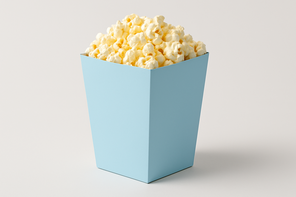baby blue solid popcorn box, grey inner in side box. No scallops on top of box. Smooth edges on top of box with popcorn in box. Professional photo with light