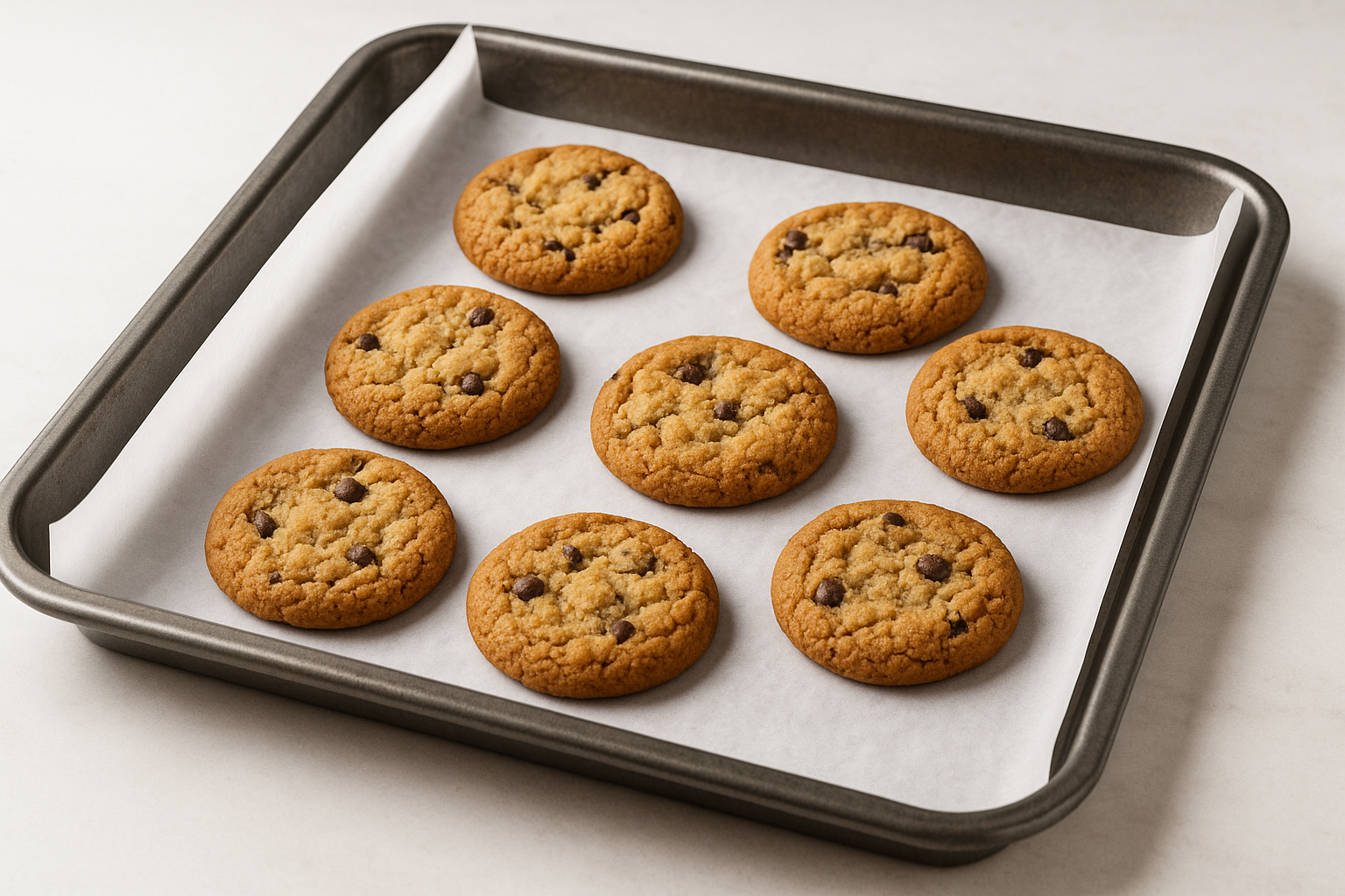 baking tray with greaseproof paper as liner in baking tray with cookie in.