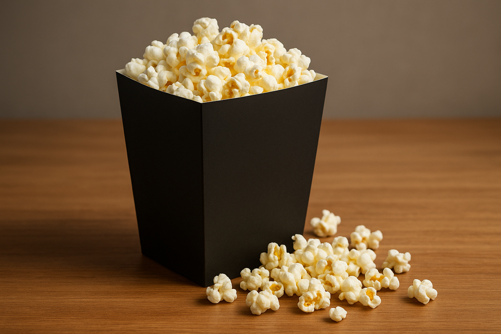 black solid popcorn box, grey inner in side box. No scallops on top of box. Smooth edges on top of box. Popcorn pops on table. Professional photo with light