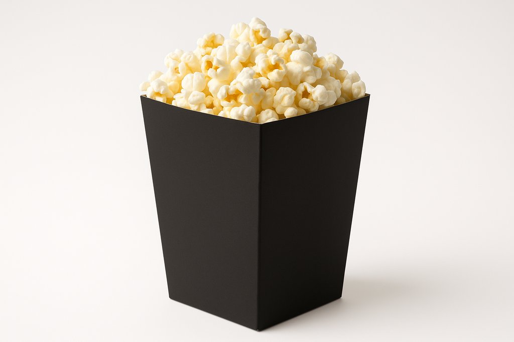 black solid popcorn box, grey inner in side box. No scallops on top of box. Smooth edges on top of box. with Popcorn in. Professional photo with light