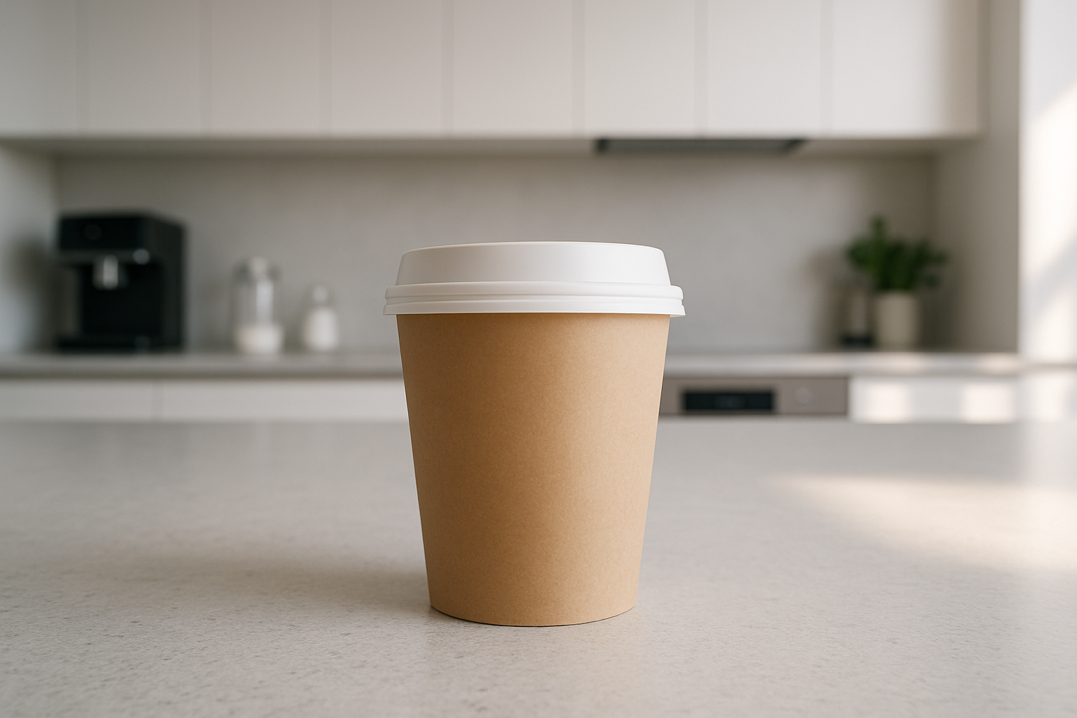 brown kraft takeway coffee cup with white lid and modern kitchen background - no text