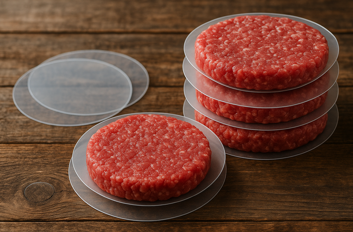Clear round disc separators for meat patties on wooden table, with meat in display. Professional photo with light
