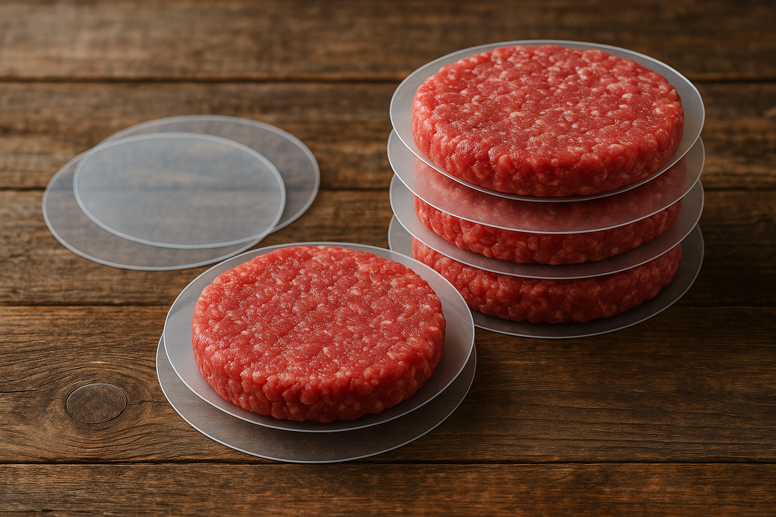 Clear round disc separators for meat patties on wooden table, with meat in display. Professional photo with light