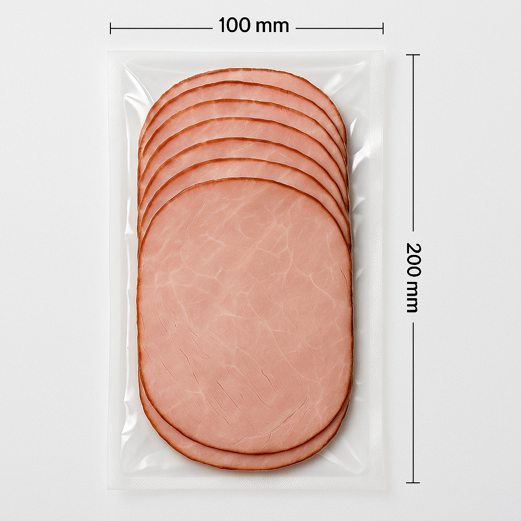 clear smooth vacuum bag, 100mm x 200mm, cold meat slices. Professional photo with light.