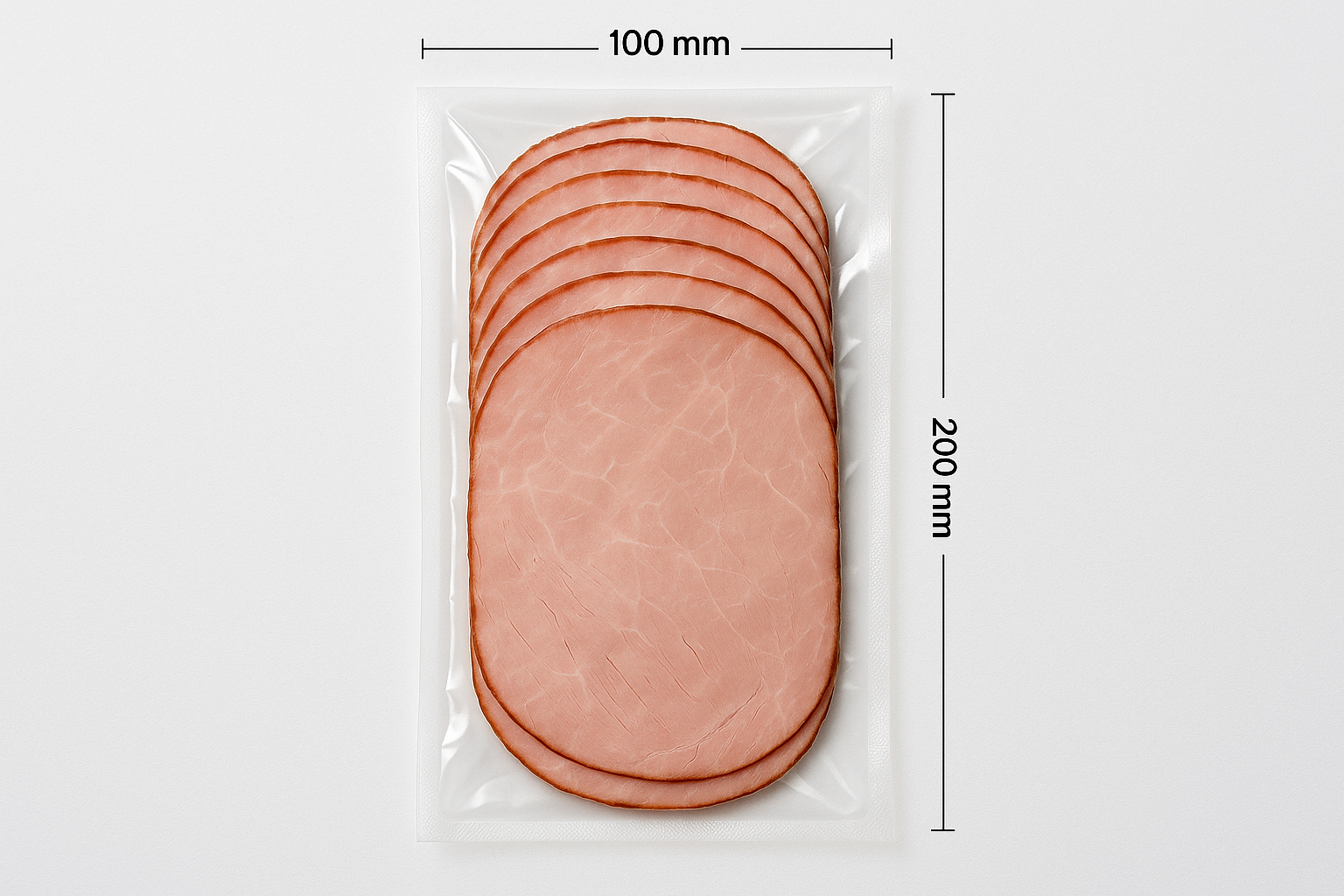 clear smooth vacuum bag, 100mm x 200mm, cold meat slices. Professional photo with light.
