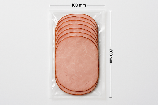 clear smooth vacuum bag, 100mm x 200mm, cold meat slices. Professional photo with light.