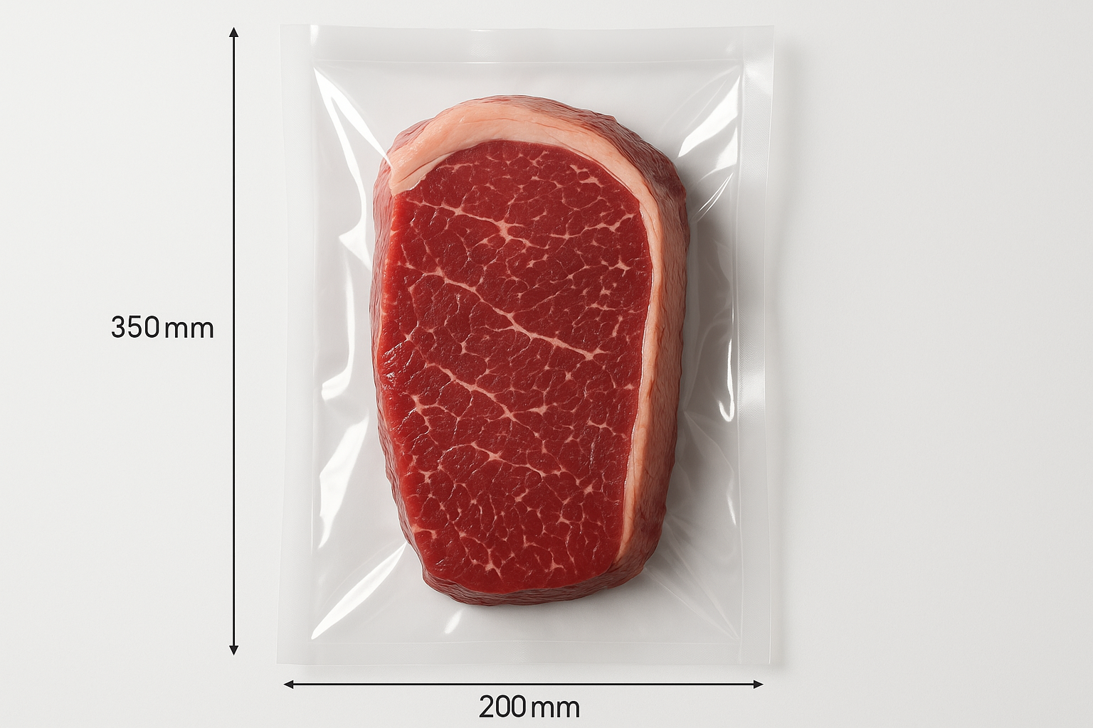 Clear smooth vacuum bag, 200mm x 350mm thick rump steak slice. Professional light photo