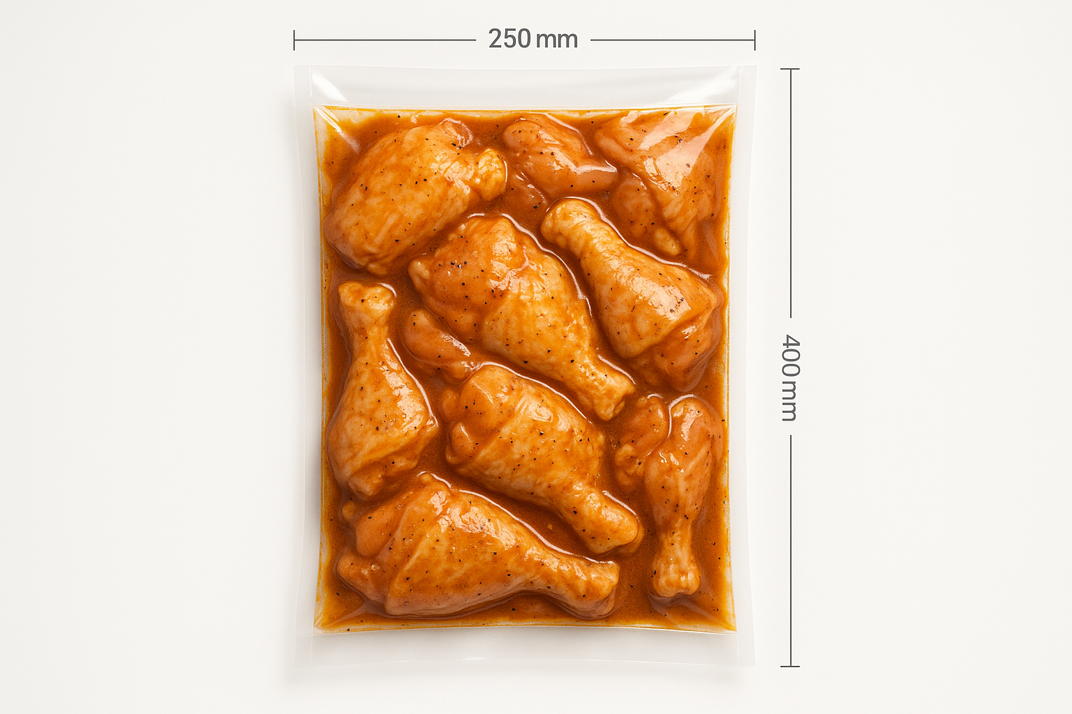 Clear smooth vacuum bag , 250mm x 400mm, chicken pieces with marinade in bag. Professional photo with light