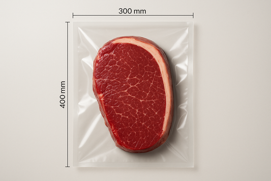 clear smooth vacuum bag, 300mm x 400mm beef rump steak, professional photo 