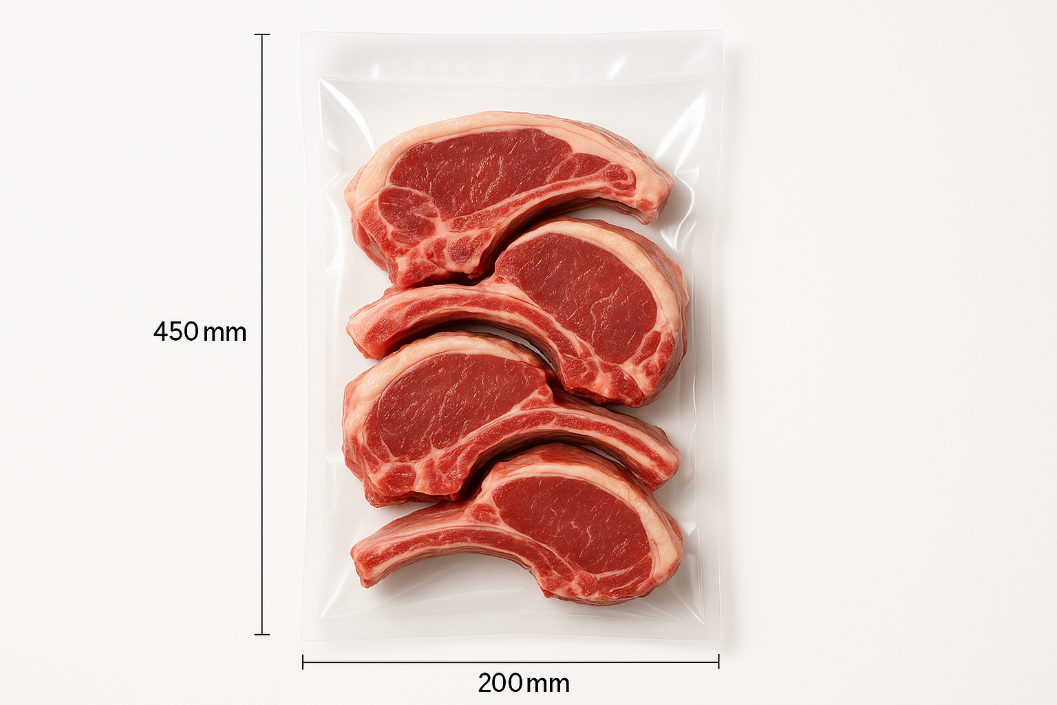 clear smooth vacuum bag, 450mm x 200mm braai pack with chops, professional photo. 