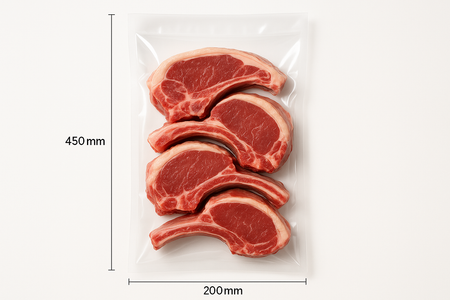 clear smooth vacuum bag, 450mm x 200mm braai pack with chops, professional photo. 