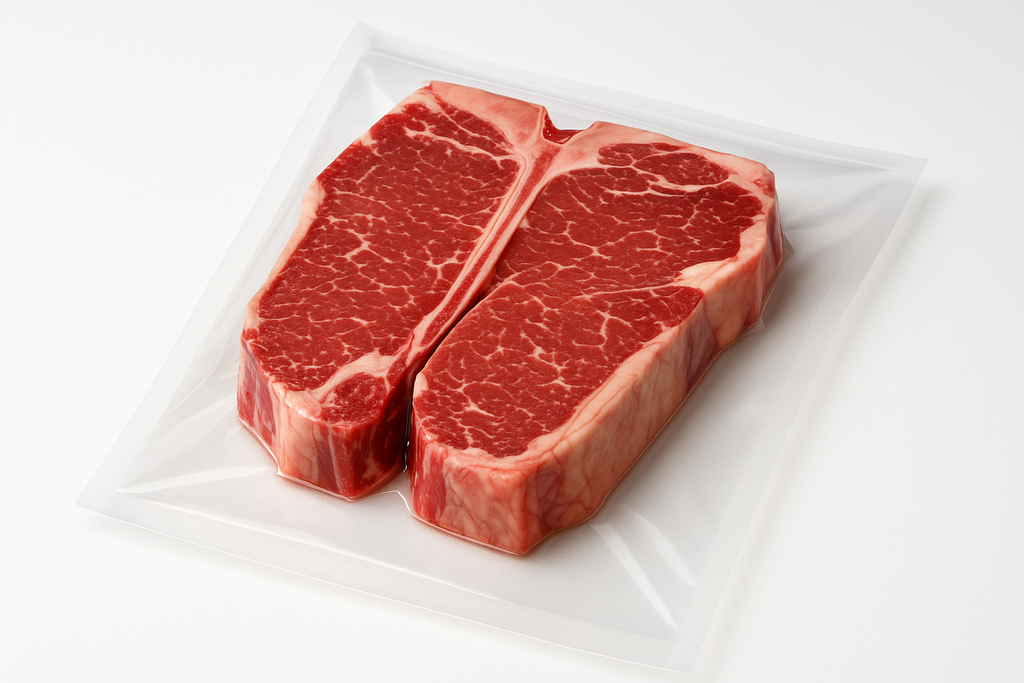 clear smooth vacuum bag with porter house steaks in bag, include bag size 200mm x 300mm, professional photo  with light.