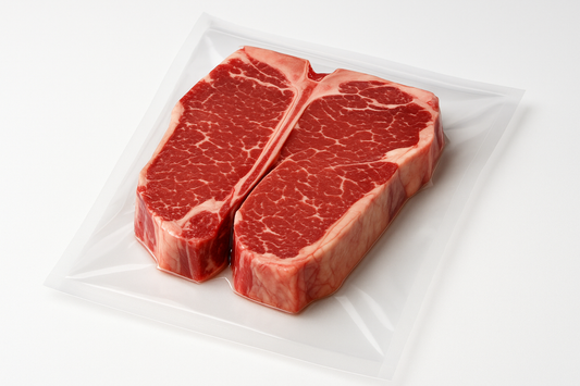 clear smooth vacuum bag with porter house steaks in bag, include bag size 200mm x 300mm, professional photo  with light.