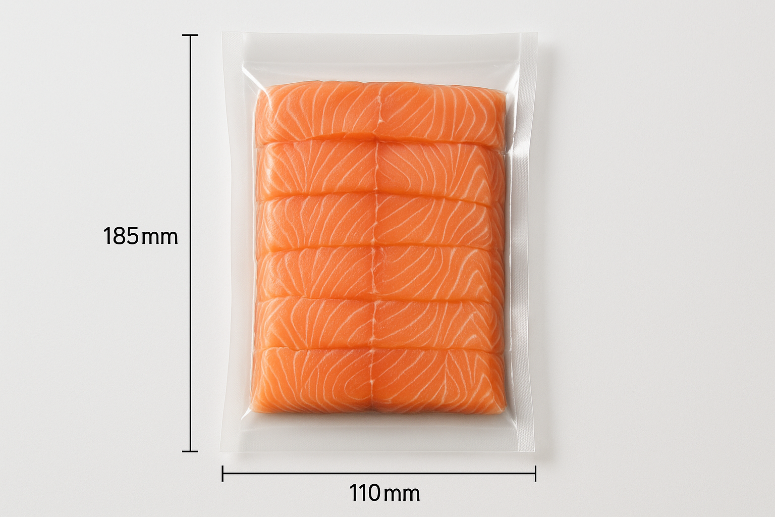 Clear smooth vacuum bag with SAMON SLICES in bag, bag size 185mm length x 110mm, professional photo with light