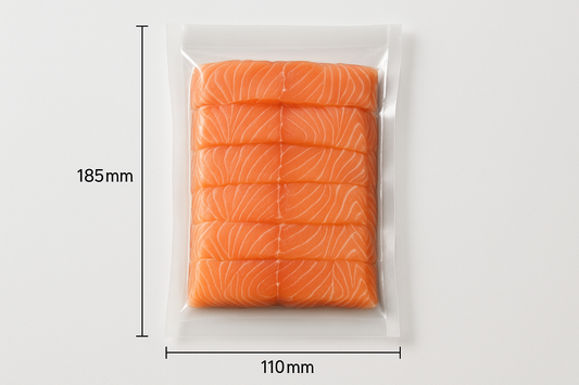 Clear smooth vacuum bag with SAMON SLICES in bag, bag size 185mm length x 110mm, professional photo with light