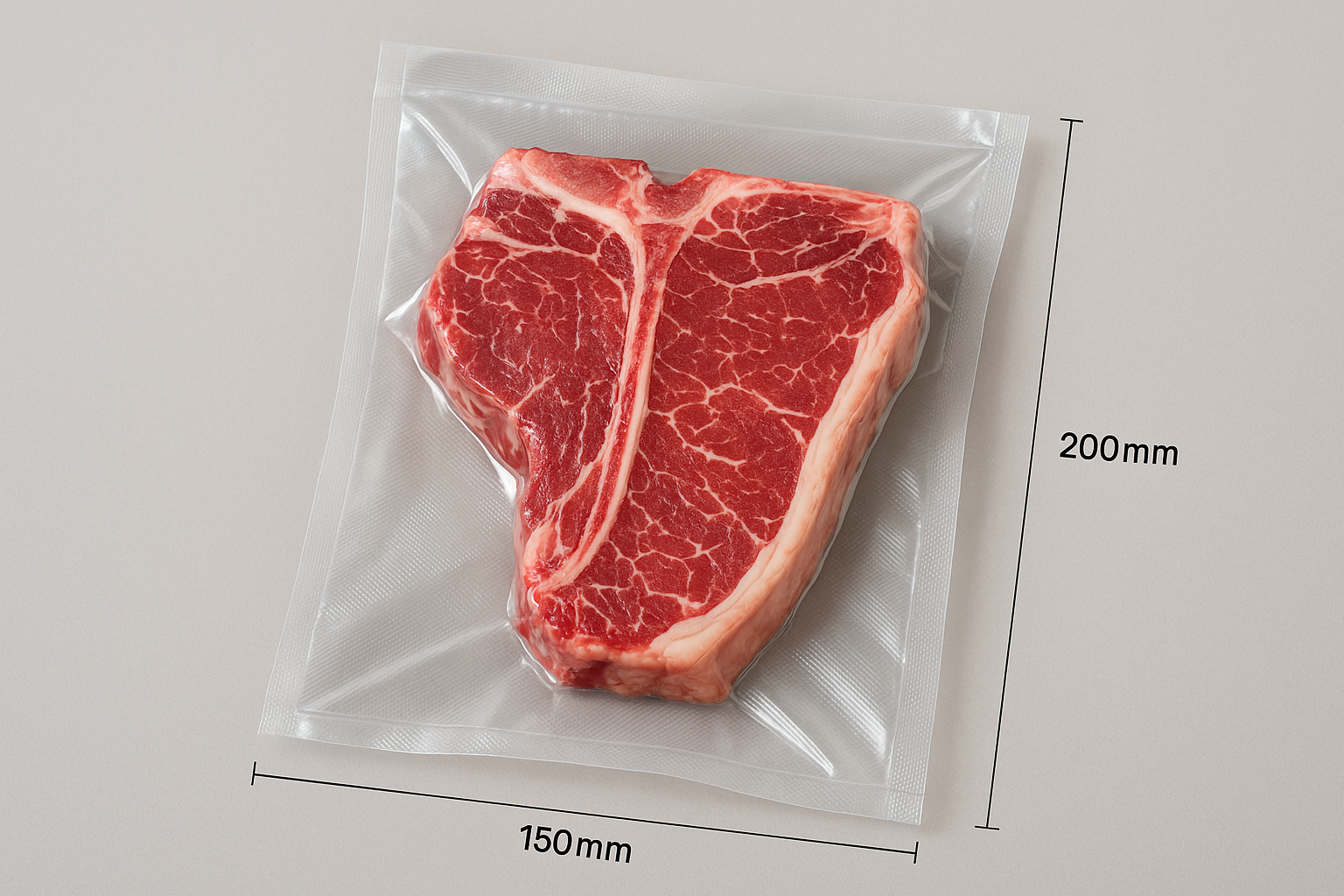 clear vacuum bag 150mm x 200mm with porterhouse steak in side