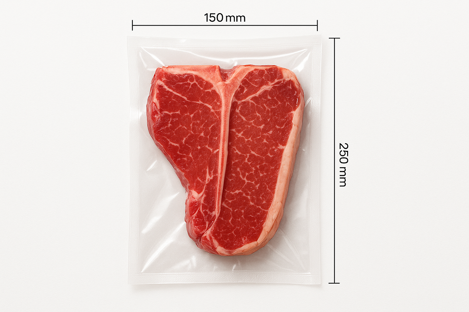 clear vacuum bag 150mm x 250mm, porterhouse steak