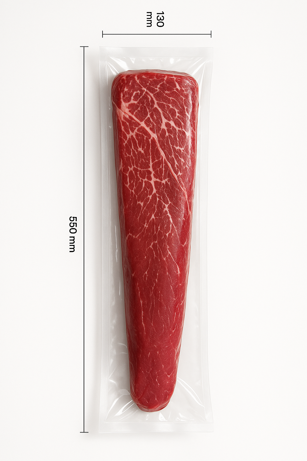 long fillet steak in clear vacuum pack, 130mm x 550mm, professional photo with fillet steak in.