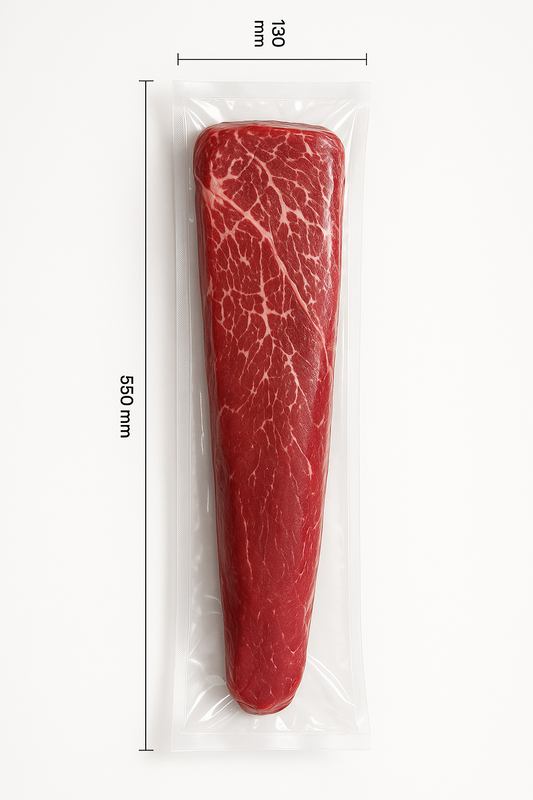 long fillet steak in clear vacuum pack, 130mm x 550mm, professional photo with fillet steak in.