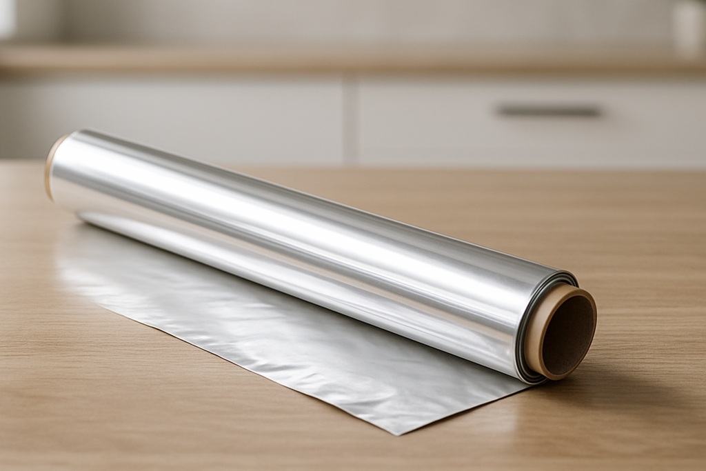 Roll of foil on kitchen table for display. Professional photo for website photo.