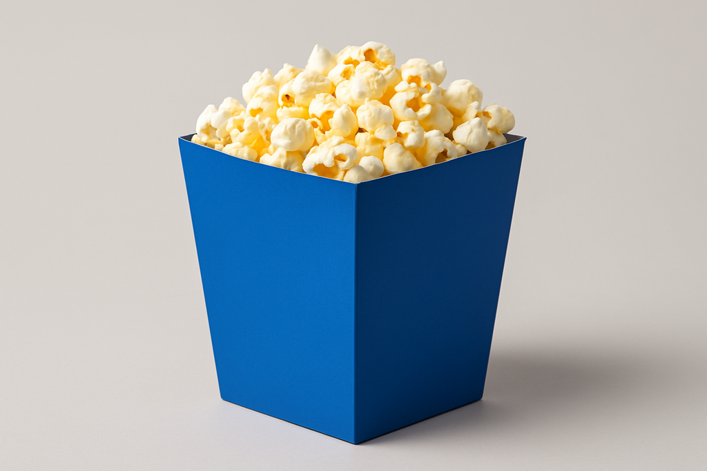 Royal blue solid popcorn box, grey inner in side box. No scallops on top of box. Smooth edges on top of box with popcorn in box. Professional photo with light